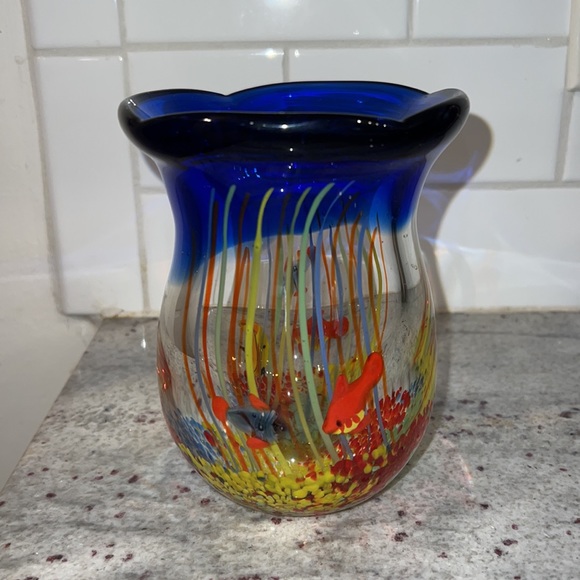 Heavy thick Art Glass Blown Tropical Fish Aquarium Vase Murano Style - Picture 12 of 16